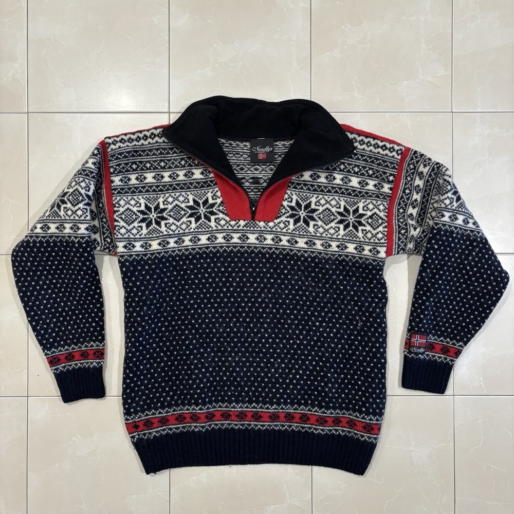 Vintage Fair Isle Sweater Birds Eye Norway Pure Wool Nordys Mens L Blue Red